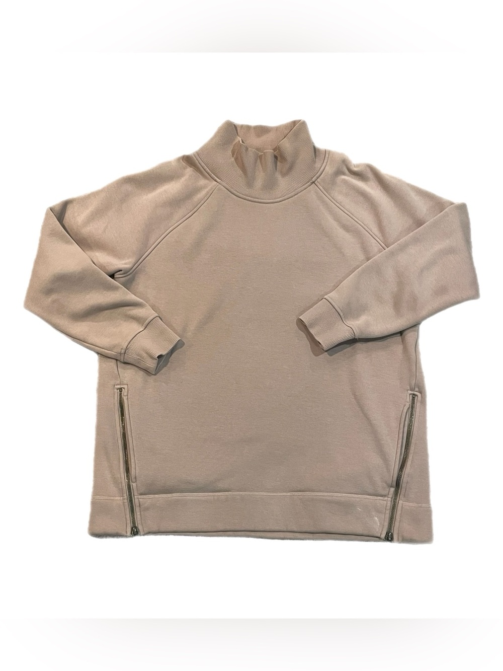 Athleta Cozy Karma Sweatshirt Tan Beige Neutral Funnel Neck Side Zip Pullover L